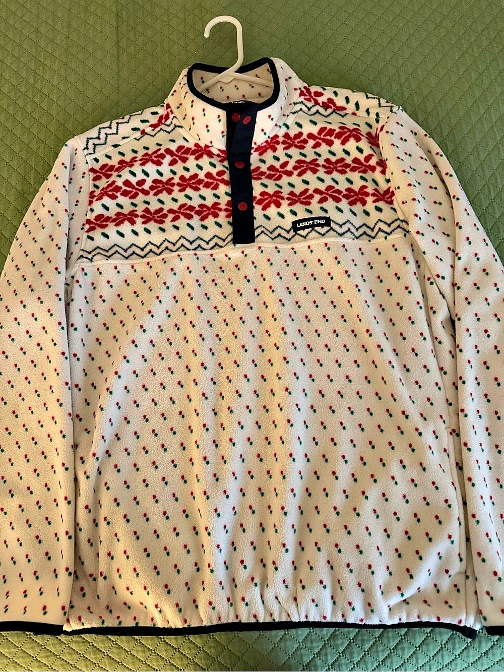 Lands End Fleece Jacket Womens Sz Large Holiday Fair Isle 1/4 Snap Festive Cozy!